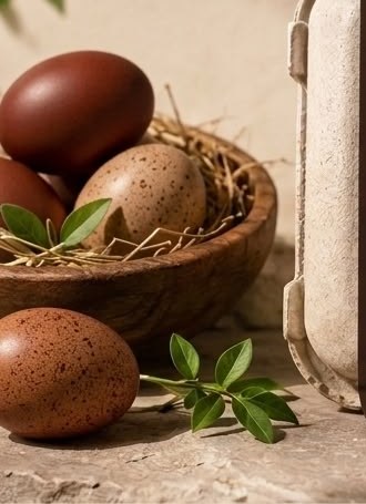 Fresh desi eggs in a wooden bowl with hay and greens